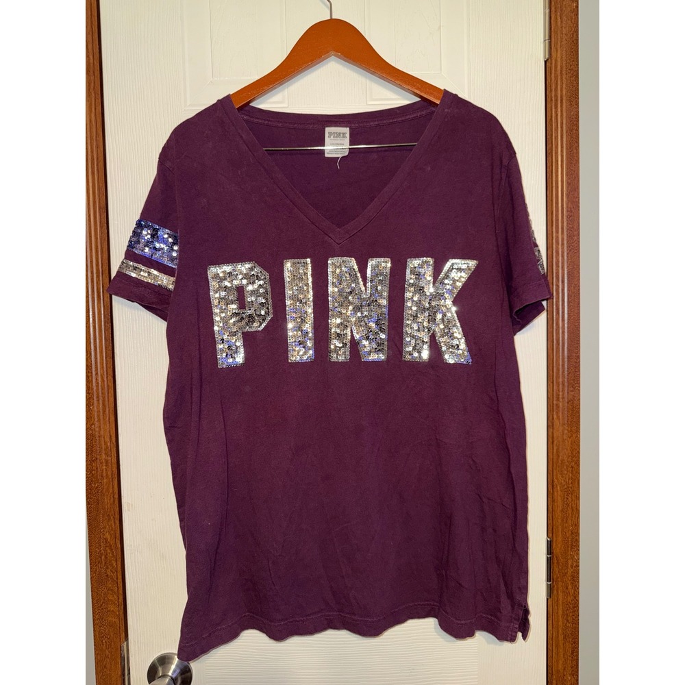 Pink Victoria's Secret Sequin V-Neck T-Shirt Large Purple Silver Logo Tee